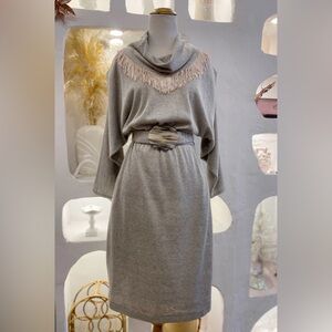 Vintage Grey Belted Knit Dress with Pink Fringe Cowl Neck and Batwing Sleeves